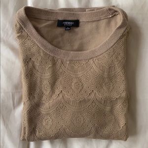 Mid-Sleeves Shirt Beige Tan Lace Women Size Small